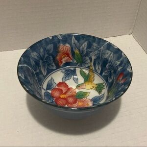 Vintage Andrea Sadek small bowl with hummingbird and hibiscus background